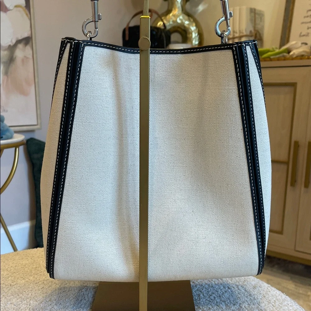Tory Burch Ivory Canvas Bucket Bag with Black Trim - Picture 4 of 10